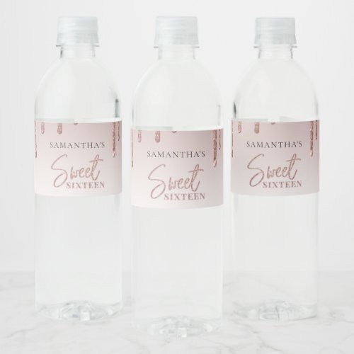 Sweet 16 Rose Gold Glitter Script Birthday Party Water Bottle Label