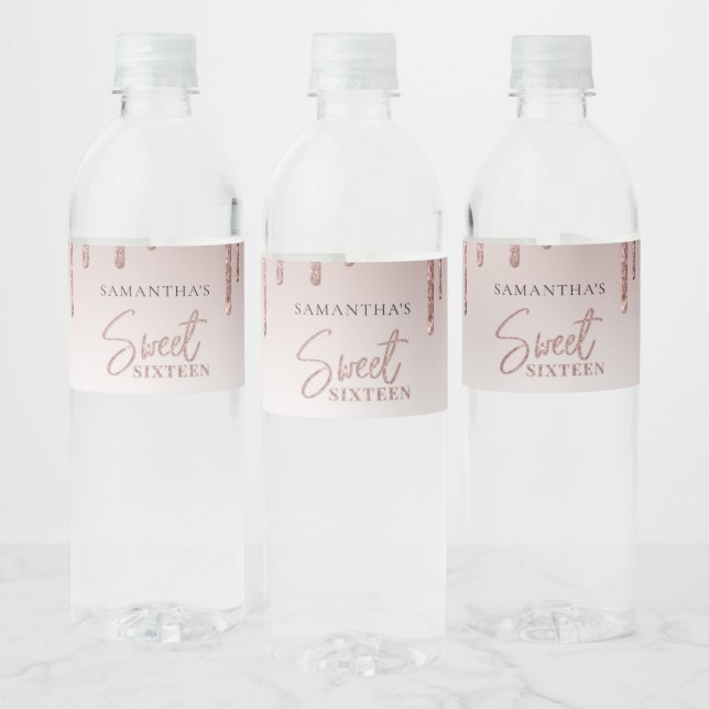 Sweet 16 Rose Gold Glitter Script Birthday Party Water Bottle Label (Bottles)