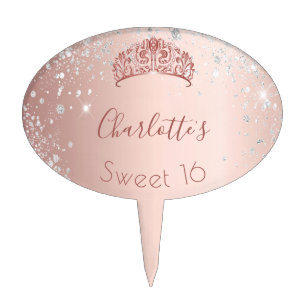 Sweet 16 rose gold glitter silver tiara name cake topper