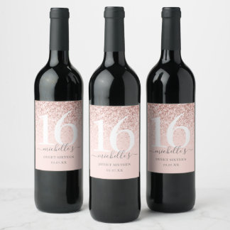 Sweet 16 Rose Gold Glitter Sparkle Name Script Wine Label