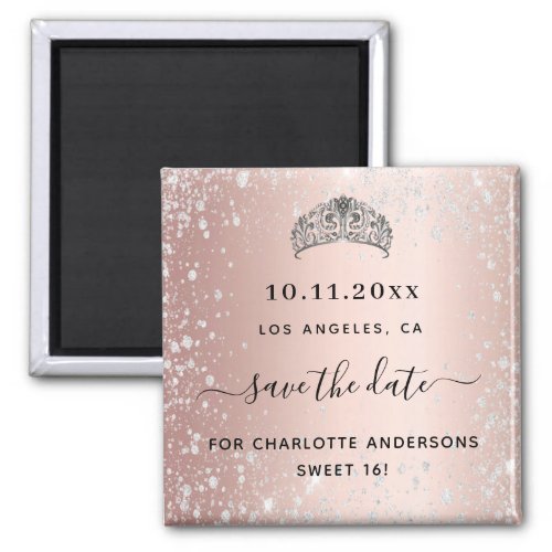 Sweet 16 rose gold glitter tiara save the date magnet