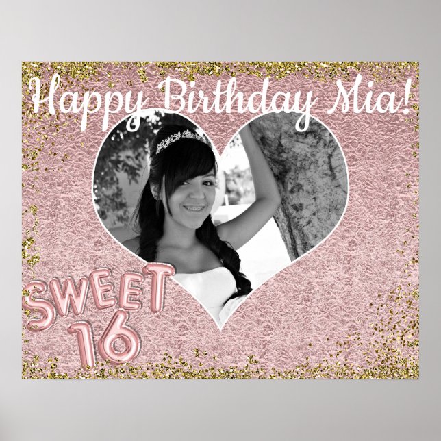 Sweet 16 Rose Gold Heart Photo Birthday Party Poster (Front)