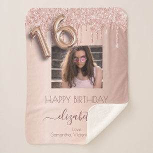 Sweet 16 rose gold photo glitter pink friends sherpa blanket