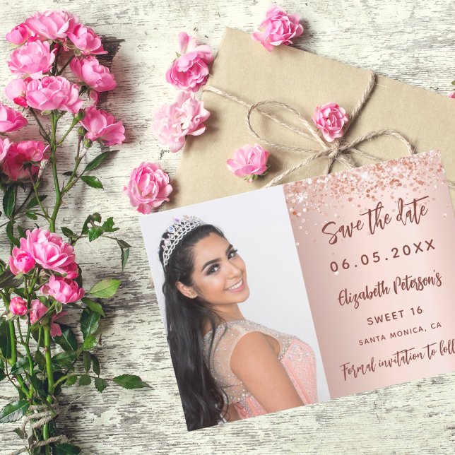 Sweet 16 rose gold photo script save the date (Creator Uploaded)