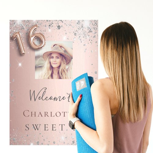 Sweet 16 rose gold photo silver glitter welcome poster