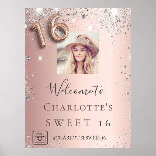 Sweet 16 rose gold photo silver glitter welcome poster