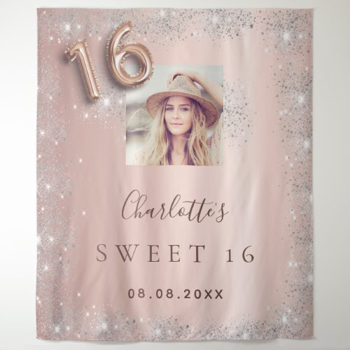 Sweet 16 rose gold photo silver glitter welcome tapestry