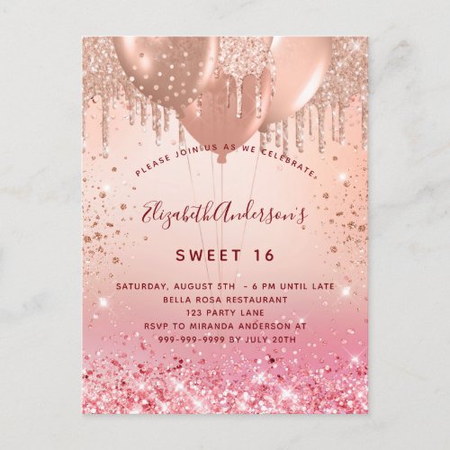 Sweet 16 rose gold pink balloons budget invitation