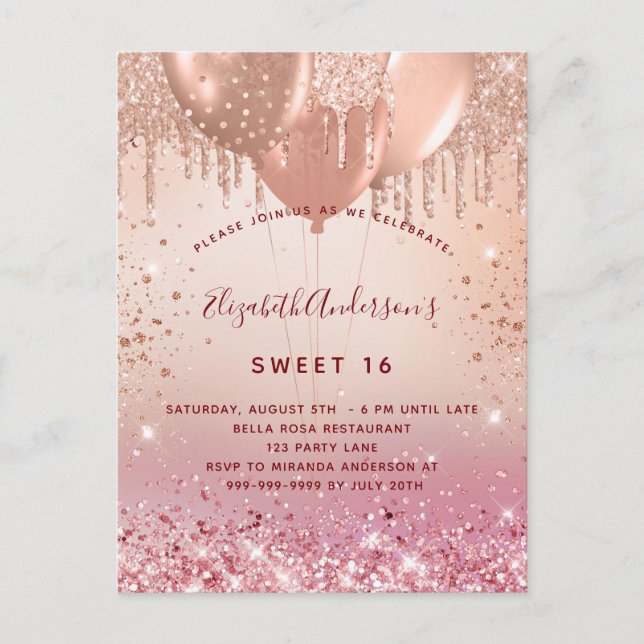 Sweet 16 rose gold pink balloons budget invitation (Front)