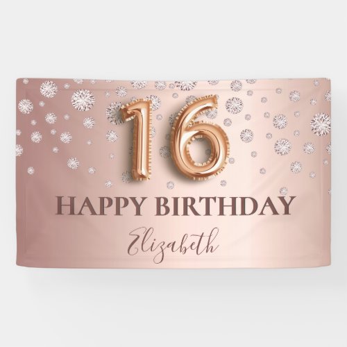 Sweet 16 rose gold pink diamonds balloon script banner