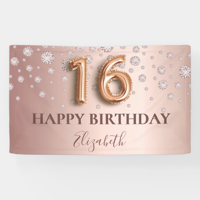 Sweet 16 rose gold pink diamonds balloon script banner (Horizontal)