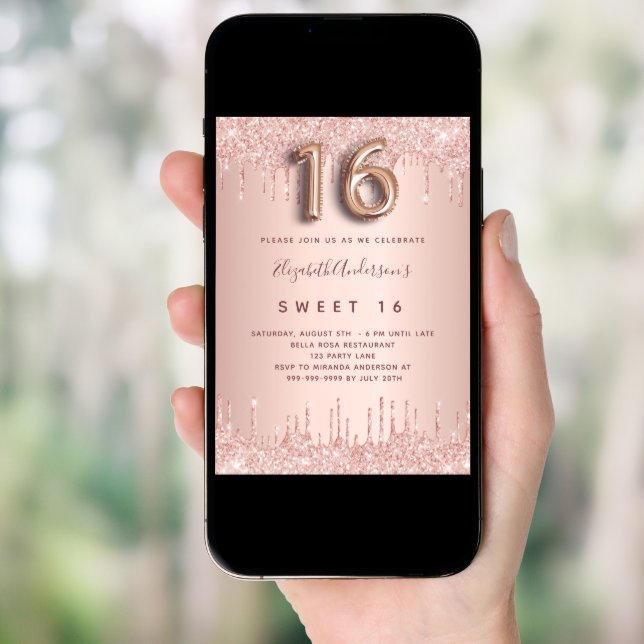 Sweet 16 rose gold pink drips invitation (Front Digital)