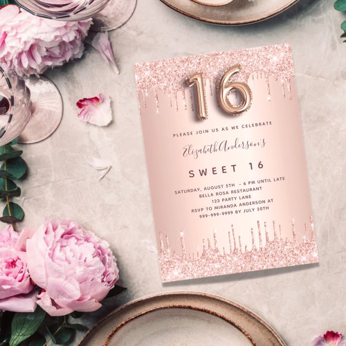 Sweet 16 rose gold pink drips invitation