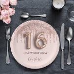 Sweet 16 rose gold pink drips paper plates<br><div class="desc">Elegant, classic, glamorous and girly for a Sweet 16, 16th birthday party. Blush pink background. Decorated with rose gold drips, paint dripping look. Personalize and add a name. With the text: Happy Birthday. The name is written with a modern dark rose colored hand lettered style script. Number 16 is written...</div>