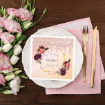 Sweet 16 rose gold pink geometric glitter name napkins<br><div class="desc">A paper napkin for a girly, femenine and glamorous Sweet 16, 16th birthday party. A chic golden and blush pink gradient background with a faux gold geometric frame. Decorated with dark purple and burgundy flowers, roses and boho style feathers. Rose gold faux glitter drips, paint drip look on the front...</div>