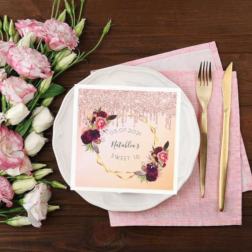 Sweet 16 rose gold pink geometric glitter name napkins