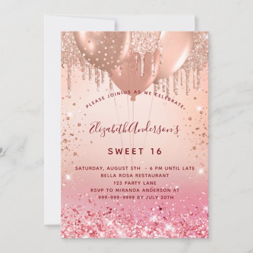 Sweet 16 rose gold pink glitter balloons glam 16th invitation