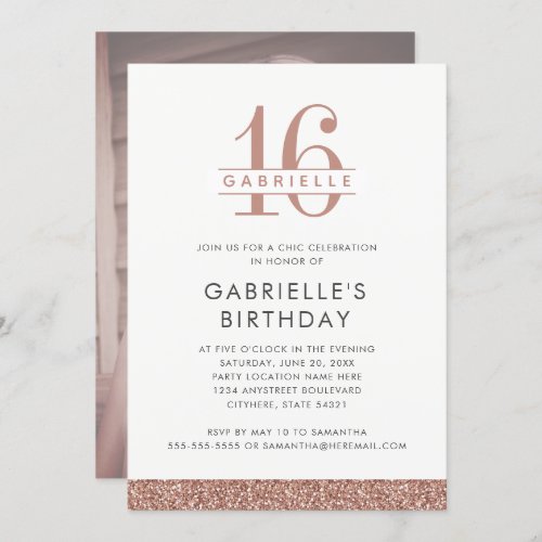 Sweet 16 Rose Gold Pink Glitter Birthday Photo Invitation