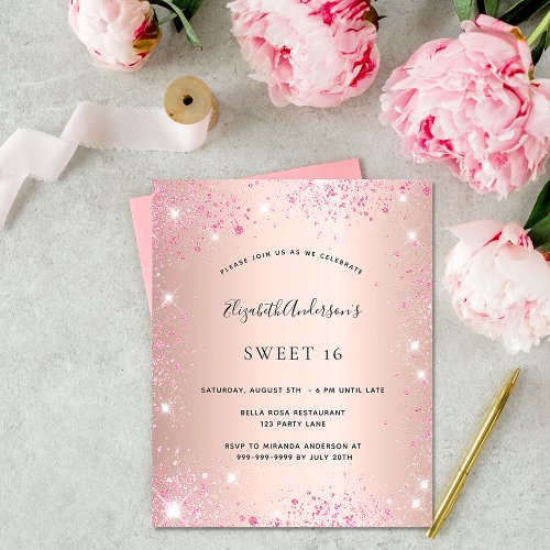 Sweet 16 rose gold pink glitter budget invitation flyer