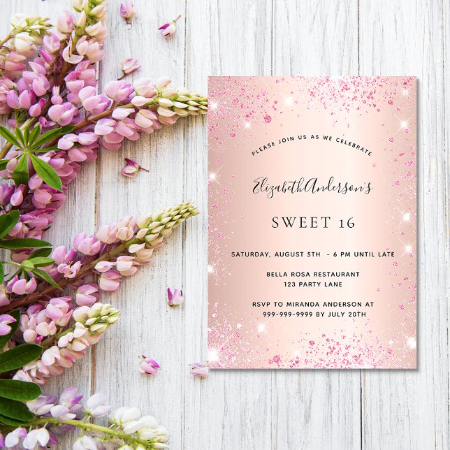 Sweet 16 rose gold pink glitter glamorous invitation (Creator Uploaded)