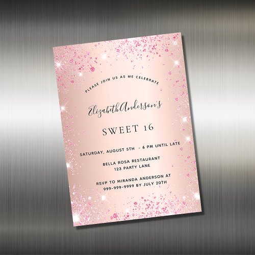 Sweet 16 rose gold pink glitter invitation magnet