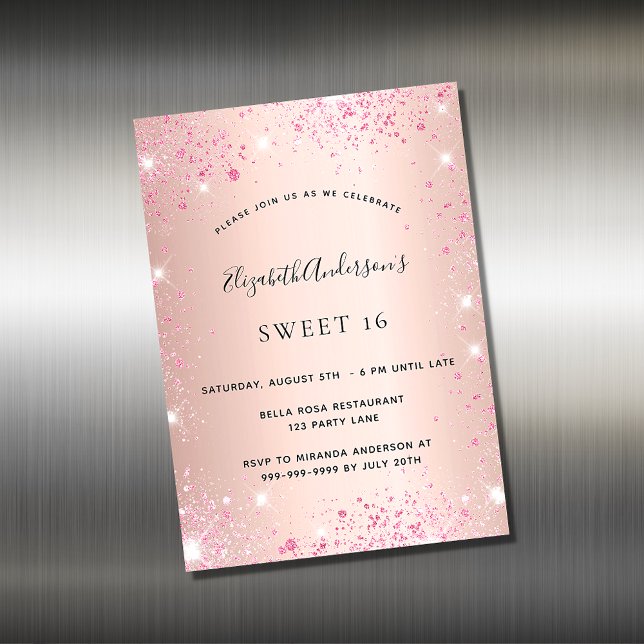 Sweet 16 rose gold pink glitter invitation magnet (Creator Uploaded)