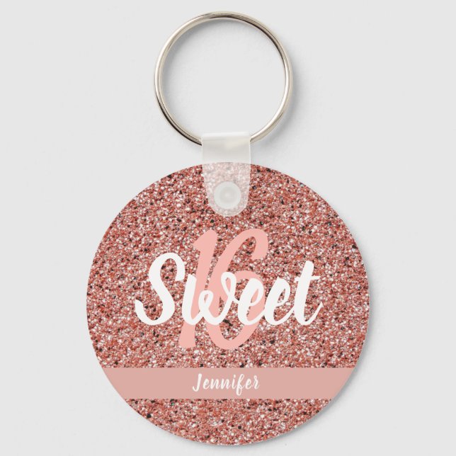Sweet 16 Rose Gold Pink Glitter Name Party Favor Keychain (Front)
