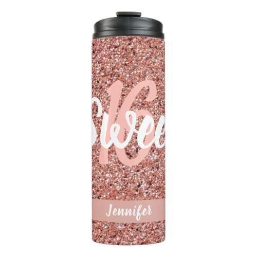 Sweet 16 Rose Gold Pink Glitter Personalized Thermal Tumbler