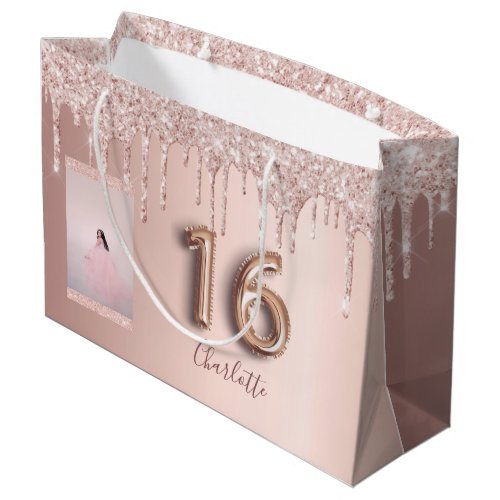 Sweet 16  rose gold pink glitter photo monogram large gift bag