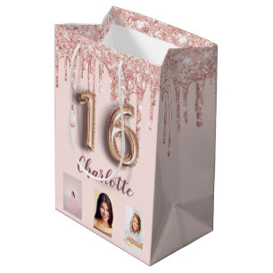 Sweet 16 rose gold pink glitter photo monogram medium gift bag