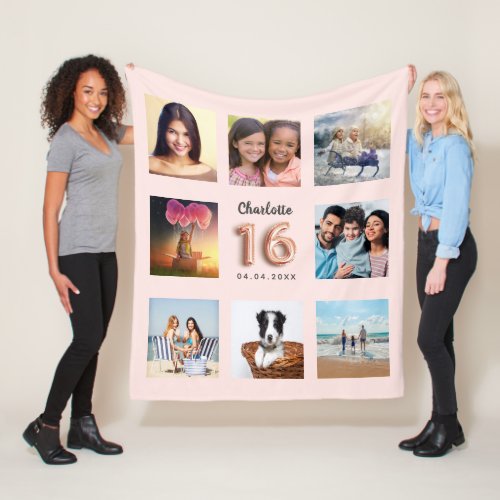 Sweet 16 rose gold pink photo collage name fleece blanket