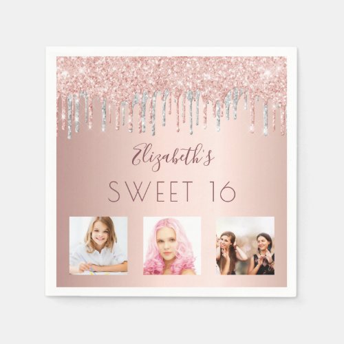 Sweet 16 rose gold pink silver photo glitter drips napkins