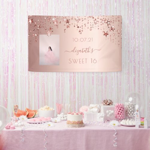 Sweet 16 rose gold pink stars photo banner