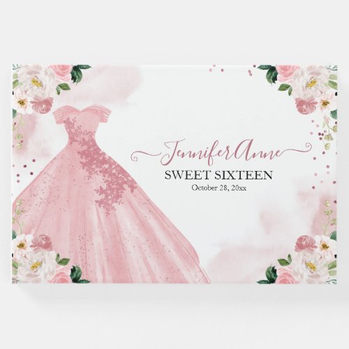 Sweet 16 Rose Gold Pink Watercolor Flowers Dress Guest Book