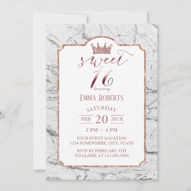 Sweet 16 Rose Gold Princess Crown White Marble Invitation (Front)