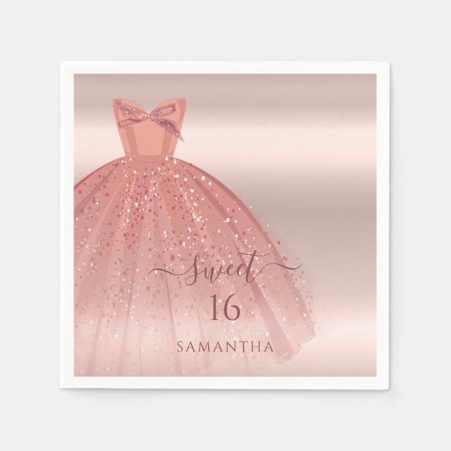 Sweet 16 Rose Gold Script Glam Birthday Paper Napkins (Front)