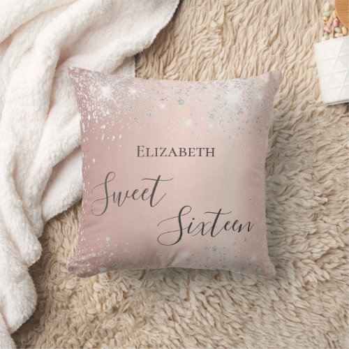 Sweet 16 rose gold silver blush sparkles throw pillow