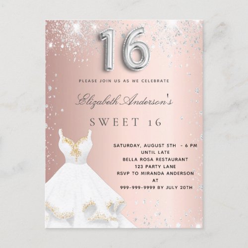 Sweet 16 rose gold silver dress glitter blush invitation postcard