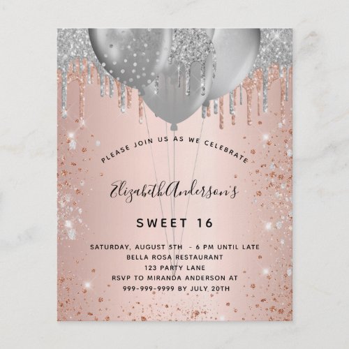 Sweet 16 rose gold silver glitter balloons budget flyer