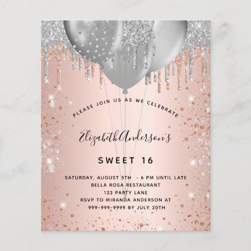 Sweet 16 rose gold silver glitter balloons budget flyer