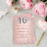 Sweet 16 rose gold silver glitter birthday invitation postcard<br><div class="desc">A modern, stylish and glamorous invitation for a girl's Sweet 16, 16th birthday party. A faux rose gold metallic looking background with faux rose gold and silver glitter. The name is written with a modern dark rose gold colored hand lettered style script. Personalize and add your party details. Number 16...</div>
