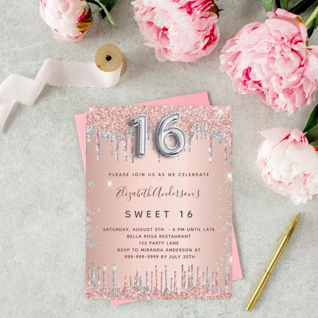 Sweet 16 rose gold silver glitter birthday invitation postcard (Creator Uploaded)