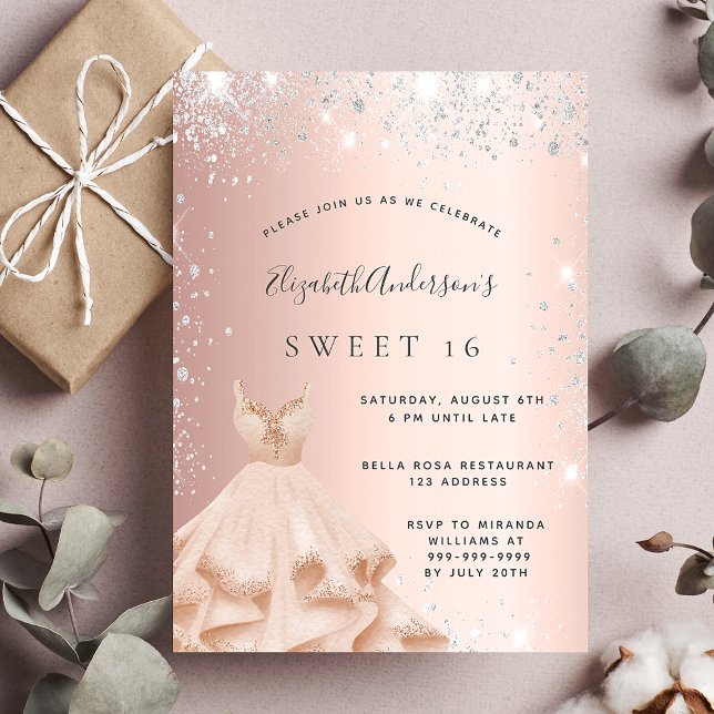 Sweet 16 rose gold silver glitter dress glamorous invitation (Creator Uploaded)