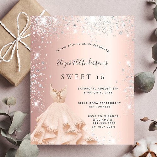 Sweet 16 rose gold silver glitter dress invitation postcard