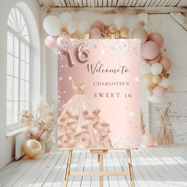 Sweet 16 rose gold silver glitter dress welcome foam board (Creator Uploaded)
