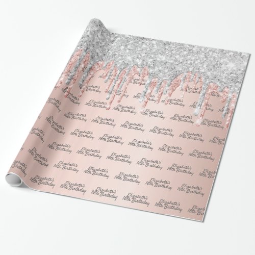 Sweet 16 rose gold silver glitter drips name wrapping paper