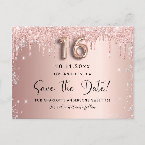 Sweet 16 rose gold silver glitter save the date announcement postcard