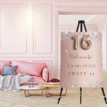 Sweet 16 rose gold silver glitter welcome birthday foam board<br><div class="desc">A welcome board for a girly and glamorous Sweet 16,  16th birthday party.  A rose gold faux metallic looking background decorated with faux silver glitter dust.   Personalize and add a name.  Number 16 is written with a balloon style font.  
Back: no design</div>
