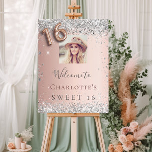 Sweet 16 rose gold silver photo welcome foam board