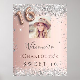 Sweet 16 rose gold silver photo welcome poster